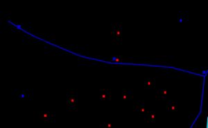13세기 초 프랑스 남부의 카타르파 성(파란색 사각형과 선) 경로 지도