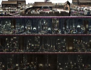 1645년 Willem Hondius가 새긴 비엘리치카 마을과 소금광산의 지상 및 지하 조감도