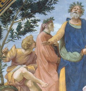 라파엘로의 파르나소스 세부 묘사: 엔니우스, 단테와 호메로스