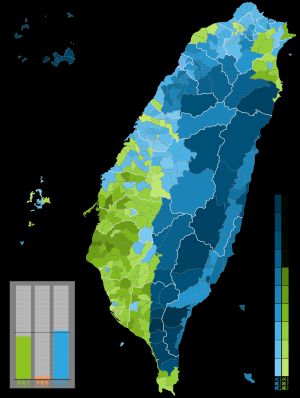 2012년 중화민국 총통 선거 결과. 파란색 지역은 중국 국민당 후보, 녹색 지역은 민주진보당 후보가 우세했다.