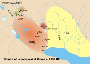 기원전 2350년경의 수메르와 엘람. 우르는 유프라테스 강 하구, 해안과 가까운 위치에 있다.