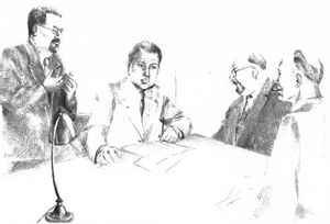 1943년 롱주모에서 열린 프랑스 공산당(PCF) 중앙위원회 회의에 대한 예술가의 묘사. 왼쪽부터: 브누아 프라숑, 오귀스트 르쾨르, 자크 뒤클로, 샤를 티용.