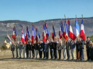 캉쥐에 군사 훈련소에서 열린 연례 기념식에서 레지스탕스 참전 용사들이 깃발을 흔들고 있다.