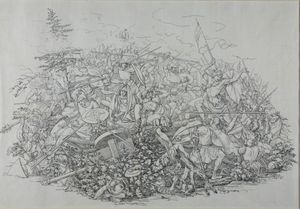 마르틴 디스텔리의 1830년대 석판화로, 토이토부르크 숲 전투에서 바루스가 칼에 엎드려 죽는 모습