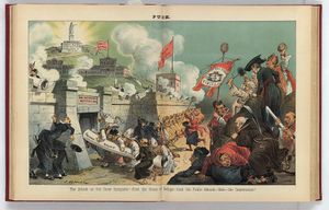 1885년 4월 22일, 퍽 잡지에 실린 만화. 성직자 군대가 "헌법"이라고 적힌 조각상이 배경 언덕 위에 있는 가운데 "의회는 종교를 세우는 법을 제정하지 않는다"라고 되어 있는 요새를 공격하고 있으며, 퍽을 포함한 신문 편집자들이 방어하고 있다.