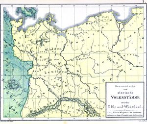 리메스 소라비쿠스: 중세 독일 지도(Germanische und slavische Volksstämme zwischen Elbe und Weichsel, 1869)에 나타난 소르브족 정착 지역, 동프랑크 왕국과 경계를 이루고 있다