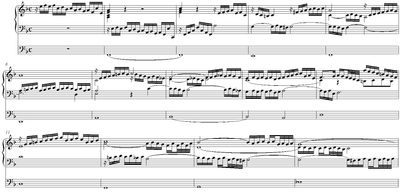 예시 1: F 장조 전주곡, BuxWV 145의 도입부. 짧은 모티프가 한 성부에서 다른 성부로 전달되며, 페달을 많이 사용하여 종종 4성부로 확장된다.