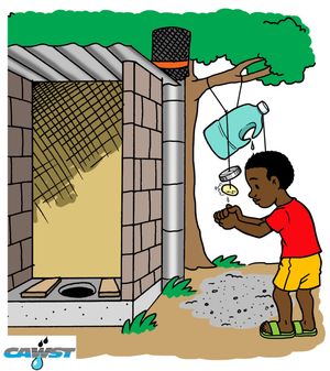 간단하고 저렴한 손 씻기 장치로 화장실 사용 후 손 씻기에 대한 인식을 높이기 위해 아프리카에서 사용된 포스터