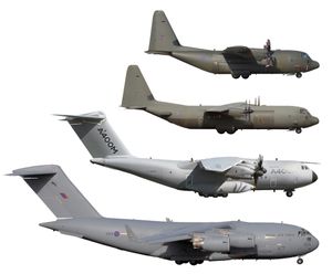 A400M (위에서 세 번째)과 대체 또는 보완을 목표로 하는 항공기: C-130 (맨 위), C-130J-30 및 C-17 (맨 아래).