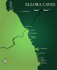 엘로라 석굴, 일반 지도(암석은 짙은 녹색으로 묘사되어 있음)