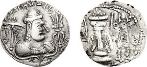 알촌 훈족의 왕 미히라쿨라의 동전, 기원후 520년경 괄리오르에서 통치함.