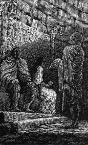 앉아서 에길 스칼라그림손과 면회하는 에이리크 블로도크스 왕과 군힐드 고름스다터