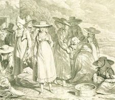 1822년 제작된 영국 동판화 "이슐, 일요일 의복, 과일 구매"