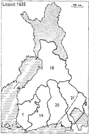 핀란드 1634년 주: 1: 투르쿠와 포리, 14: 뉘랜드와 타바스후스, 18: 오스트로보트니아, 20: 비보르크와 뉘슬로트, 21: 캐키살미