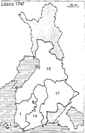 핀란드 1747년 주: 1: 투르쿠와 포리, 14: 뉘랜드와 타바스후스, 17: 사볼락스와 쉼멘고르드, 18: 오스트로보트니아