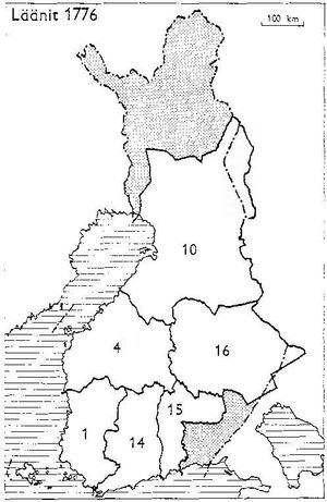 핀란드 1776년 주: 1: 투르쿠와 포리, 4: 바사, 10: 오울루, 14: 뉘랜드와 타바스후스, 15: 쉼멘고르드, 16: 사볼락스와 카렐리아