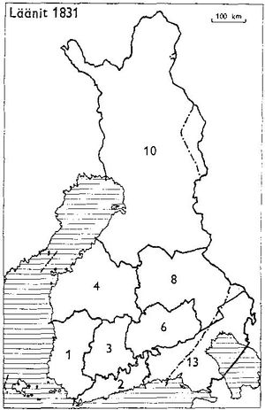 1831년 핀란드의 주: 1: 투르쿠-포리 주, 2: 우시마 주, 3: 예메 주, 4: 바사 주, 6: 미켈리 주, 8: 쿠오피오 주, 10: 오울루 주, 13: 비푸리 주