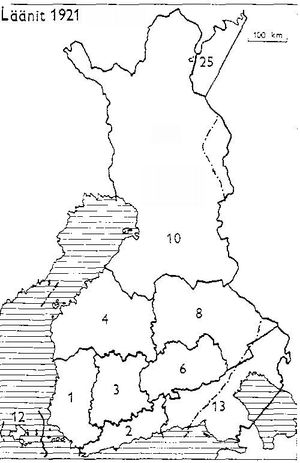 1921년 핀란드 주: 1: 투르쿠와 포리, 2: 우시마, 3: 얘메, 4: 바사, 6: 미켈리, 8: 쿠오피오, 10: 오울루, 12: 올란드, 13: 비푸리, 25: 페차모