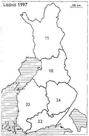 합병 후 1997년 핀란드의 주: 10: 오울루 주, 11: 라피 주, 12: 올란드 자치 주, 22: 남 수오미 주, 23: 서 수오미 주, 24: 동 수오미 주