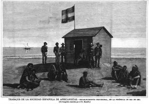 에밀리오 보넬리가 주도한 탐사 작업 중 리오 데 오로 반도에 세워진 초기 스페인 임시 정착촌 (1885년 1월 라 일루스트라시온 에스파뇰라 이 아메리카나에 게재)