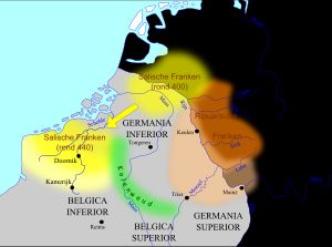  400 ~ 450년 무렵 살리족의 이동. 라인-뫼즈 지역에서 셸트 삼각주로 이동하였다.