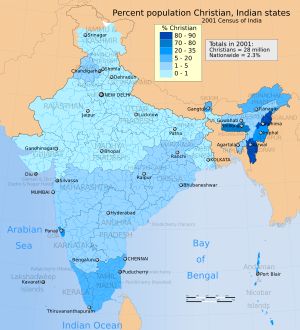 인도 주 및 연합 지역별 기독교 인구 분포