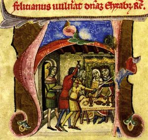 칼을 든 늙은 수염 남자가 젊은 남자에게 목을 찔리는 모습