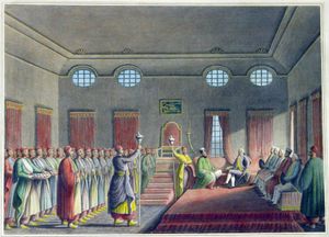 코르테아 누아( Curtea Nouă )에서 영국 사절과 환담하고 있는 알렉산드로스 무루시스 (Alexander Mourousis)