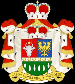 방패, 망토, 두 개의 왕관 및 모토