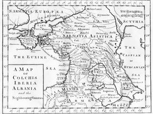 "Sarmatia Europæa" separated from "Sarmatia Asiatica" by the Tanais (the River Don), based on Greek literary sources, in a map printed in London, ca 1770.