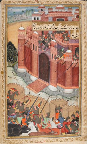 미르자 아부 바크르 두글라트가 우즈겐을 점령하려다 실패하는 모습 (바부르나마에서)