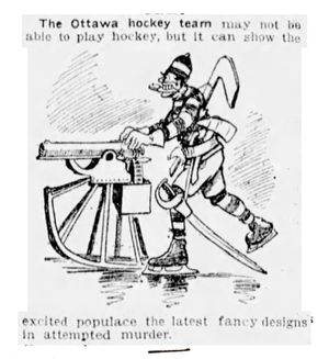 스케이트를 신고, 얼음 위에서 총을 미는 사람