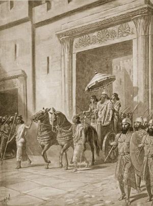 A. C. Weatherstone이 'Hutchinson's History of the Nations'(1915)에 삽화로 그린, 에사르하돈이 니네베에서 왕으로 인정받는 모습.