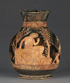 약 360 BCE, 테라코타, 블랙 퓨리 그룹 근처(그리스(아풀리아), 기원전 300년대 초 활동)에 기인한 아풀리아 적색 형상 초스(모양 3), J. 폴 게티 박물관