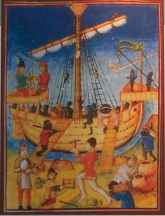 16세기 라구스 항구에서 카라벨에 식량을 공급하는 아프리카인과 유럽인을 묘사한 그림