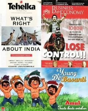 인도 브랜드들이 영화의 그림을 활용한 방식을 보여주는 그림 콜라주 (시계 방향으로 상단부터: Tehelka의 창간 2주년 기념 잡지, 비즈니스 & 이코노미 간행물, 그리고 암롤(Amul) – 유제품 제조업체).