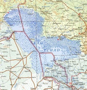 1973년 바가 도시의 위치가 나타나 있는 차드 호의 지도.