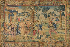 아스티아게스 왕이 하르파고스에게 갓난아이 키루스를 데려가 죽이라고 명령하는 모습, 얀 모이의 태피스트리 (1535-1550).