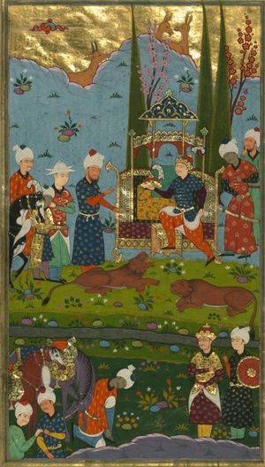 두 마리의 사자를 죽이고 왕관을 든 바흐람 5세