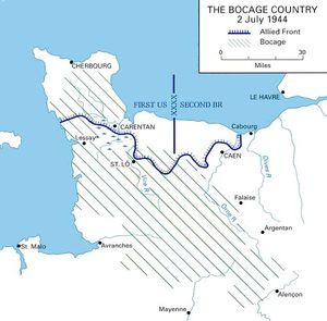 캉에서의 굿우드 작전과 애틀랜틱 작전의 상대적 위치, 독일군과 무기 배치, 그리고 생로에서 있을 코브라 작전 지역