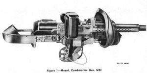 M23 복합 포가에 M6 37mm 전차포와 함께 장착된 M1919A5연장된 코킹 핸들을 확인할 수 있다(U.S.ARMY Ordnance Catalog SNL A-55, Section 6)