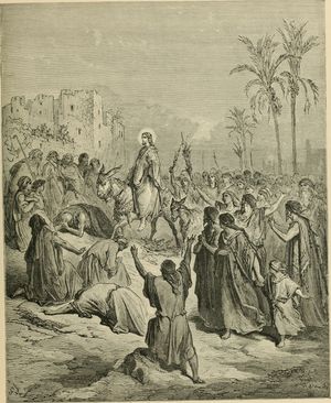 예수님의 예루살렘 입성 당시 군중들이 "호산나"를 외치고 있다