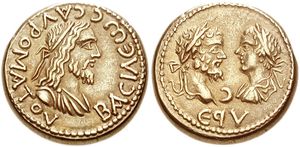 보스포루스 왕국 왕 티베리우스 율리우스 사우로마테스 2세의 금 스타테르. 앞면에는 "바실레오스 사우로마토스(BACΙΛΕΩC CΑΥΡΟΜΑΤΟΥ)"라는 그리스어 문구와 함께 그의 흉상이, 뒷면에는 로마 황제 셉티미우스 세베루스와 카라칼라의 두상이 새겨져 있다. (서기 198년 또는 199년)