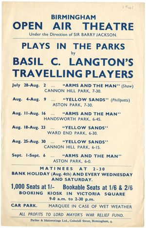 1941년 버밍엄 야외 극장 전단. 제2차 세계 대전 동안 공원에서 공연된 《무기와 인간》을 포함한 연극들이 실려 있다.
