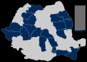 2020년 루마니아 지방 선거 이후 USR이 지방 의회에서 선출된 대표자를 확보한 카운티 (파란색으로 표시).