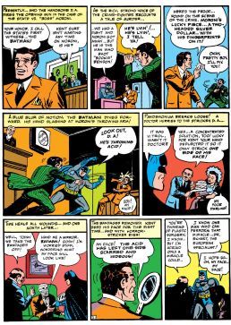 Detective Comics #66 (1942년 8월)에서 하비 켄트의 얼굴에 산이 뿌려지는 장면. 밥 케인의 그림