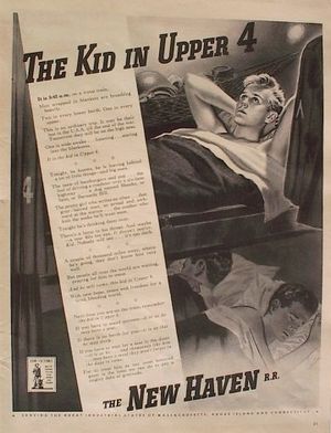 NH RR의 1942년 제2차 세계 대전 광고 "Upper 4의 아이". 이 광고는 침대차의 오픈 섹션을 묘사한다.