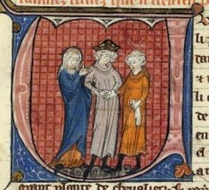 긴 천을 두른 젊은 남자가 오른쪽에 여자, 왼쪽에 사제를 두고 있다