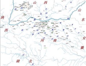 발견된 얼리터우 문화 유적지 지도; 주요 유적지는 녹색 선으로 강조 표시