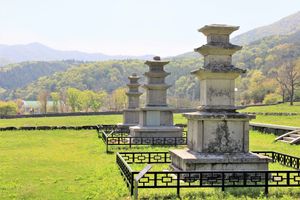 성주사지에 서, 중앙, 동 삼층석탑이 차례로 놓여있는 풍경